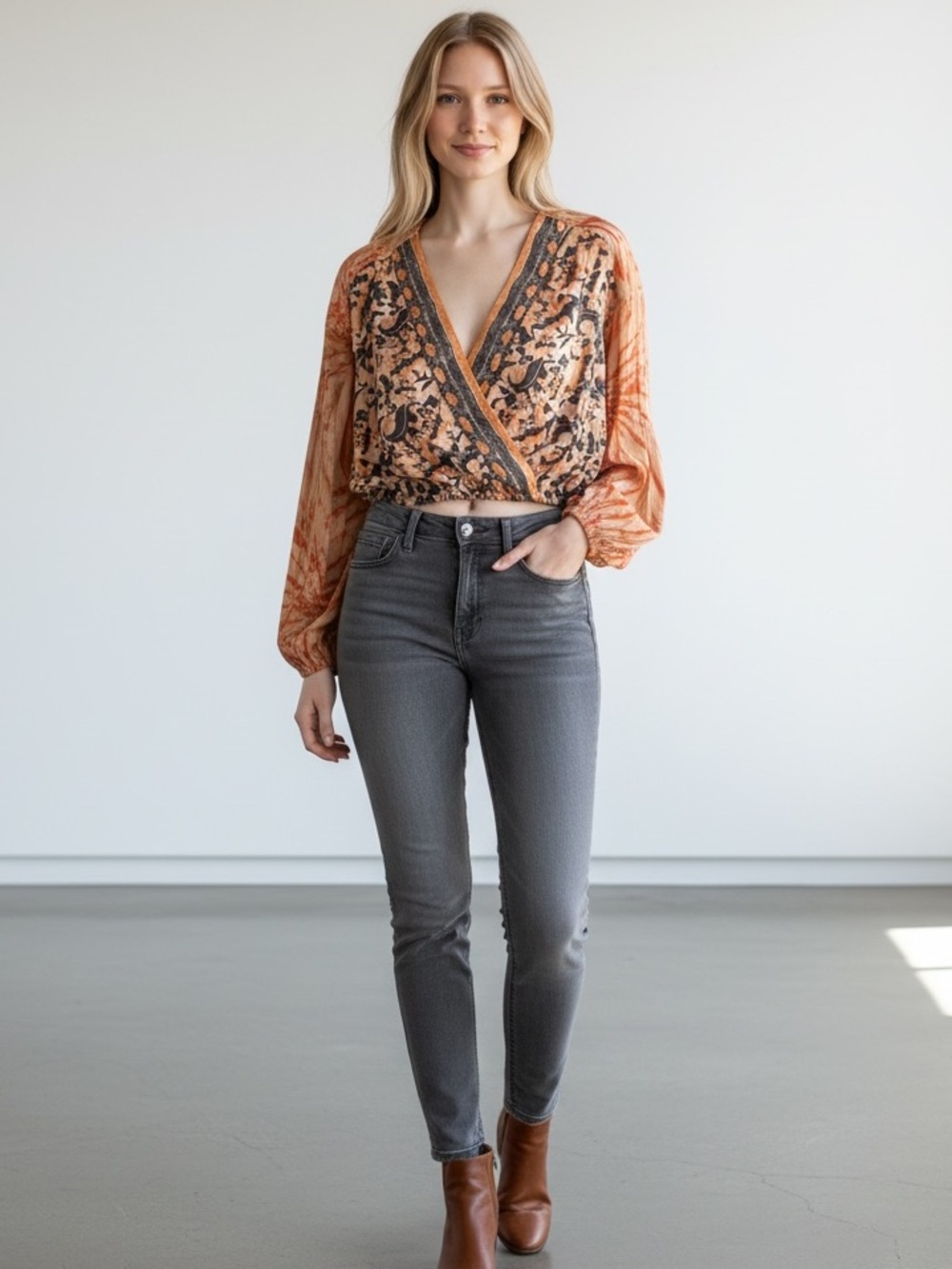 Free People Cruisin’ Together Orange & Grey Printed Faux Wrap Blouse
